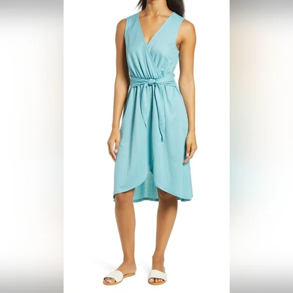 Bobeau Faux Wrap Dress MIDI Blue Beach Vacation Travel Spring - Picture 4 of 4
